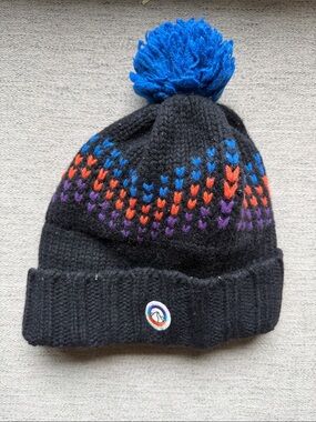 Patagonia Black Knit Pom Beanie with Blue, Red & Purple Accents